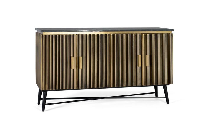 Buffet 4 portes en bois de manguier avec plateau en marbre et finition bronze, 150x40x86 cm - Meuble de rangement élégant